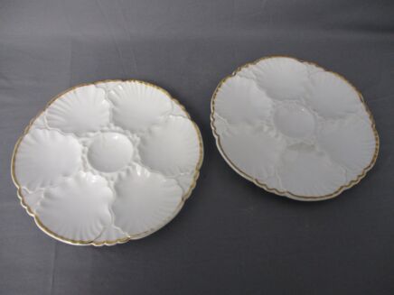2 Oyster Plates Porcelaine de Baudour Cerabel White with Golden Rim Belgium 8.66"