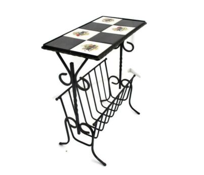 Vintage Mid Century Modern Magazine Newspaper Basket Rack Side Table Ceramic Tiles Spanish Bullfighter  Wrought Iron