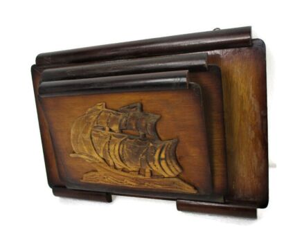 Art Deco Wood Magazine Newspaper Basket Rack Wall Mount Hanging Sailing Boat Ship HTF