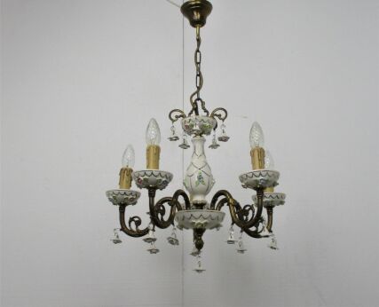 Vintage Chandelier 5 arm Lights Ornate Brass white Porcelain Flowers Romantic