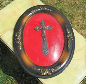 Beautiful Vintage Crucifix Oval Frame Red Velvet Dome Glass Carved Wood Frame