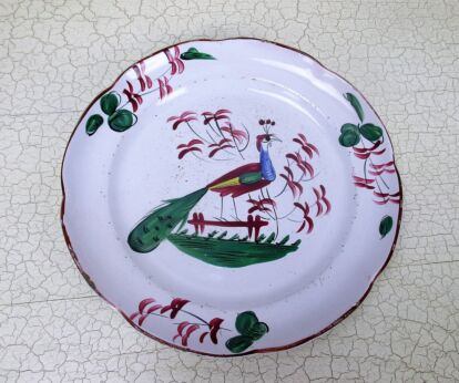 Antique French Faience Strasbourg Platter Luneville Peacock 18th - 19th C 9.05"