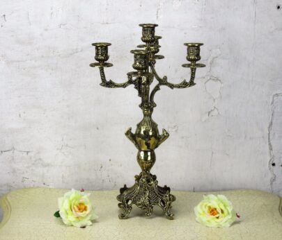 Large Bauhaus Vintage Brass Ornate 5 Arm Candle Holder Candelabra 15.74"