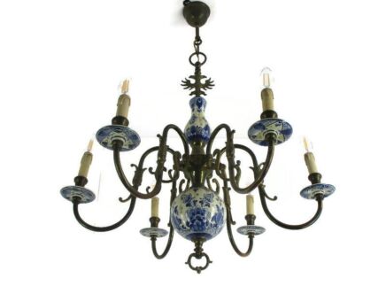 L Dutch Delft Blue White Chandelier Porcelain Ornate Brass 6 Light Arm Stunning