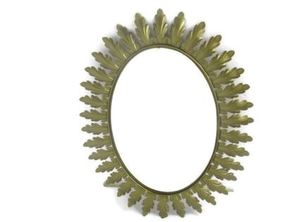 Mid Century Modern Large Ornate Oval Wall Hanging Mirror De Knudt Brass Leafs