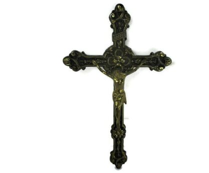 Antique hanging Wall Crucifix Ornate Brass Corpus Jesus Christ 11.61"