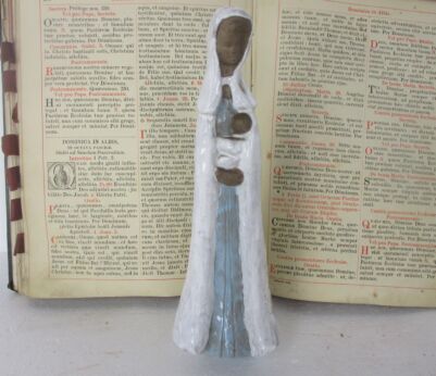 Small Glazed Ceramic Statue Virgin Mary Infant Child Mother and Child Blue White Signed