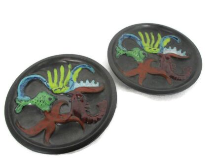 2 French Oyster Plates Faience Hand Painted Ceramic Majolica Cerenne Vallauris 1950s