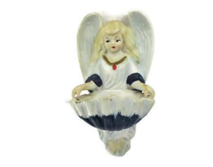 Vintage Holy Water Font Vessel Bisque Porcelain Angel