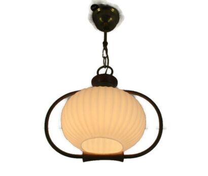 Danish Modern Chandelier Pendant Teak Brass Opaline Glass Louis Kalff Atomic