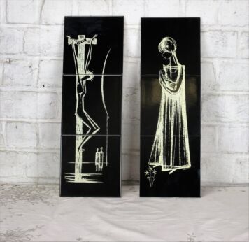L Vintage Ceramic Black Tiles Wall Hanging Jesus Christ & Virgin Mary Mettlach