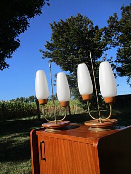 Pair Mid Century Brass Beech Wood Rocket Atomic Table Desk Nightstand Lamps Lamp