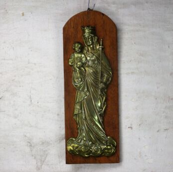 Vintage Brass on Wood Wall Plaque Hanging Virgin Mary Madonna Infant Child 13 "