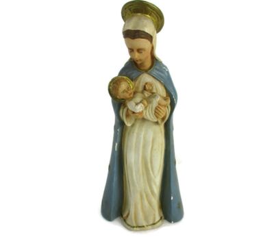 Art Deco Virgin Mary Madonna Infant Child Plaster Polychrome Tenderness Statue