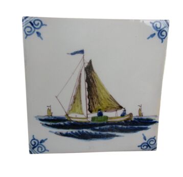 Dutch Vintage Polychrome Wall Decorative Tile Delft Sailing Boat Ship Marked