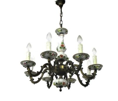 Vintage Capodimonte style chandelier 8 arm Lights Porcelain Flowers Brass Italy