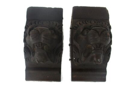 Antique Pair Corbels Hand Carved Wood Architectural reclaimed LIon Heads Trim