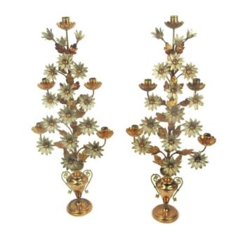 Pair Gorgeous Brass Hollywood regency Flowers Candle Holders Candelabra 5 arm