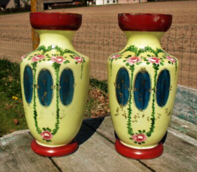 French Opaline Couple of Vases hand painted Enameled Art Deco