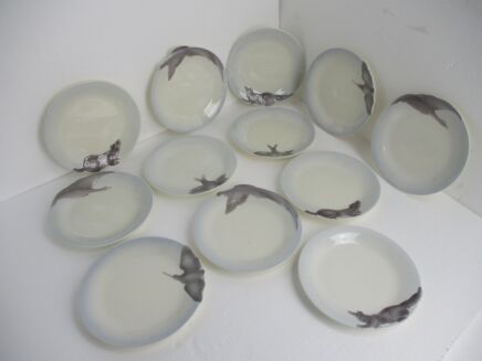 set of 12  Plates Antique Hunting design by Carl Bull 1910 Waechtersbach West Germany Marked Porcelain HTF