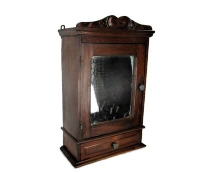 Vintage Ornate Wooden Kitchen Apothecary Wall Cabinet Mirror Pediment 1920s