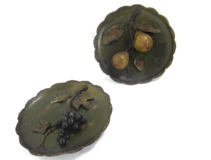 Two Small Plates Majolica Barbotine Art Deco Grapes Pears Antique 3D Charger Decorative