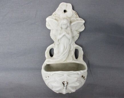 Antique   Holy Water Font Vessel Bisque Angel White Lovely Collector HTF