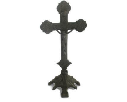 Vintage  Standing Table Crucifix Cross Calvary Jesus Christ Mid Century Modern Spelter