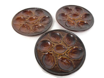 St Clement Set of 3 French Oyster Plates Brown Faiance Porcelain
