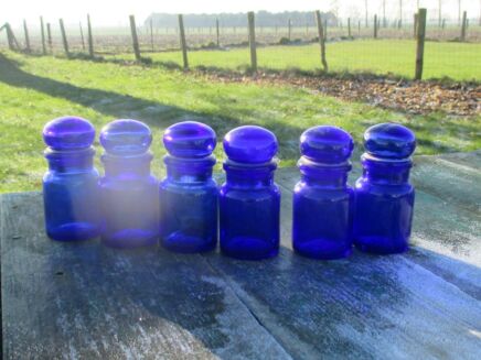 6 small Cobalt Blue Glass Belgian Apothecary Jar Kitchen Container Bottles