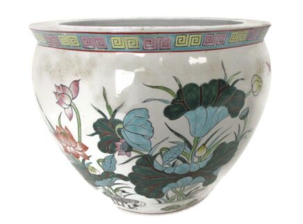Vintage Chinese Porcelain Enamel  Koi Fish Bowl Planter Vase Butterflies Birds Flowers Cachepot