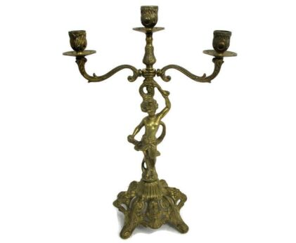 Candle Holder Candelabra 3 arm Centerpiece Cherub Putti Angels on Base  Embossed Brass Ornate WOW