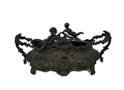 Art Nouveau French Planter Jardinière Ornate Embossed Centerpiece Brass Putti Cherubs