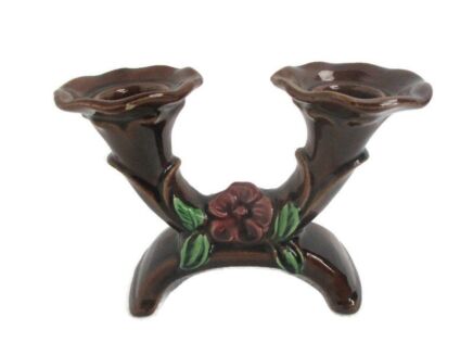 French Brown Double Candle stick Candle Holder Candelabra Majolica