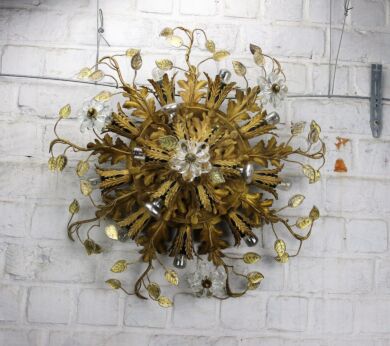 Hollywood Regency Chandelier Gilt Metal Tole Plafonnière Murano? Glass 15 Lights