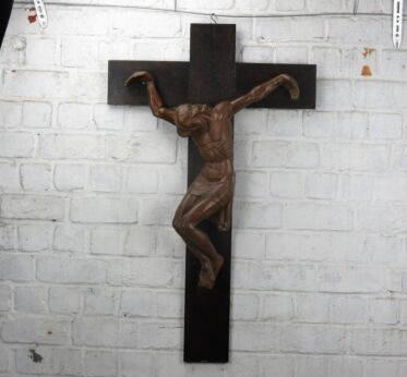 XL Ornate Hand Carved Wood Hanging Crucifix Dramatic Corpus Jesus Nasarenus 36"