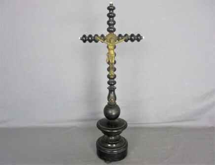 Large Antique Dark Carved wood Table Standing Crucifix Round Base  Bobbin  Brass Corpus