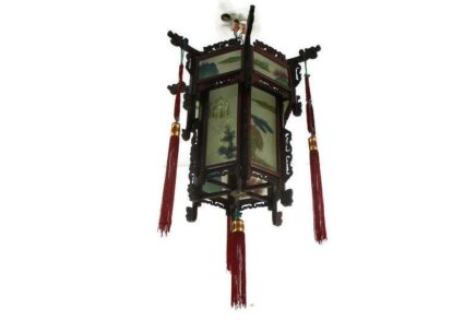 Vintage Chinese Hanging Lantern Ceiling Light Painted Glass Panels Floral
