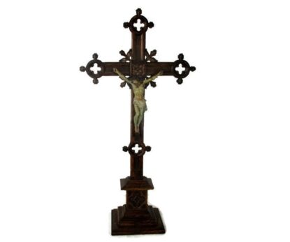 French Standing Crucifix Corpus Christi Hand Carved Wood Oak Plaster Art Piece