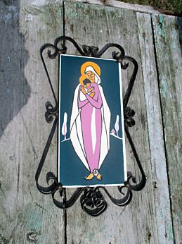 Wall Plaque Ceramic Tile Wrought Iron Frame Virgin Mary With Child Madonna 50s