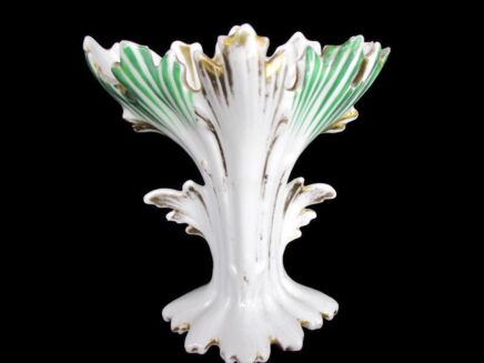 Antique Porcelain Fan Flair Bridal Vase ornate white with Green Lines Lovely 5.9"