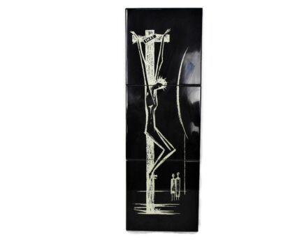 Large Vintage Ceramic Black Tile Wall Hanging Small Jesus Christ Crucifix Mettlach 17.91"