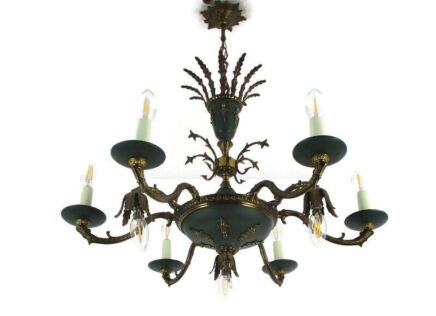 Vintage French Empire Pan Chandelier Green Tole Brass 9 lights Crown Exquisite