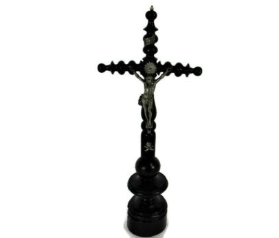 Antique Dark Carved wood Table Standing Crucifix Round Base Spelter Corpus Bobbin Parts Gorgeous