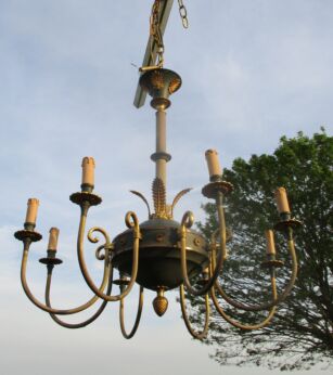 Vintage French Empire Style Chandelier 8 Arms Lights Green Shade Brass Stunning