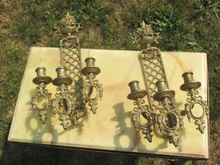 Antique Ornate Brass Pair Brass Wall Mount Sconce Candelabras Candle Holders