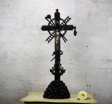 Large Antique Hand Carved Dark Wood Church Altar Crucifix Tools of Passion 29"