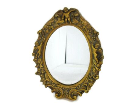 Ornate Angels Putti Oval Mirror Resin Gold Gilded Ornate Hollywood regency style Lovely
