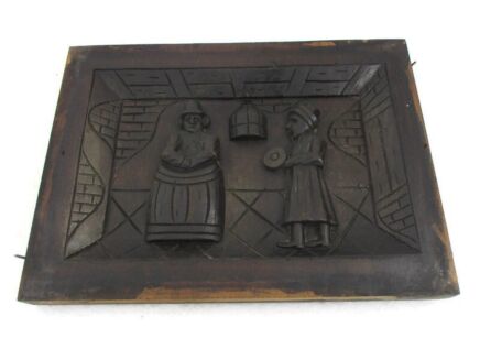 Breughel Scene Pub Serving Drinks Barrel Hand Carved Wood Wall Panel Bas High Relief Tableaux