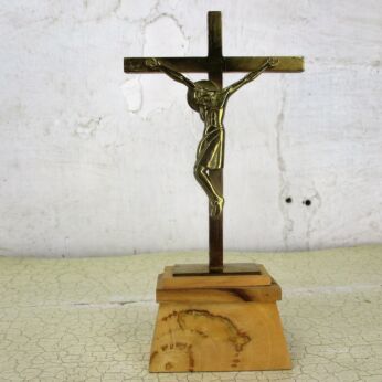 Small Decorative Standing Crucifix Modernist Brass Corpus Christi Wooden Base